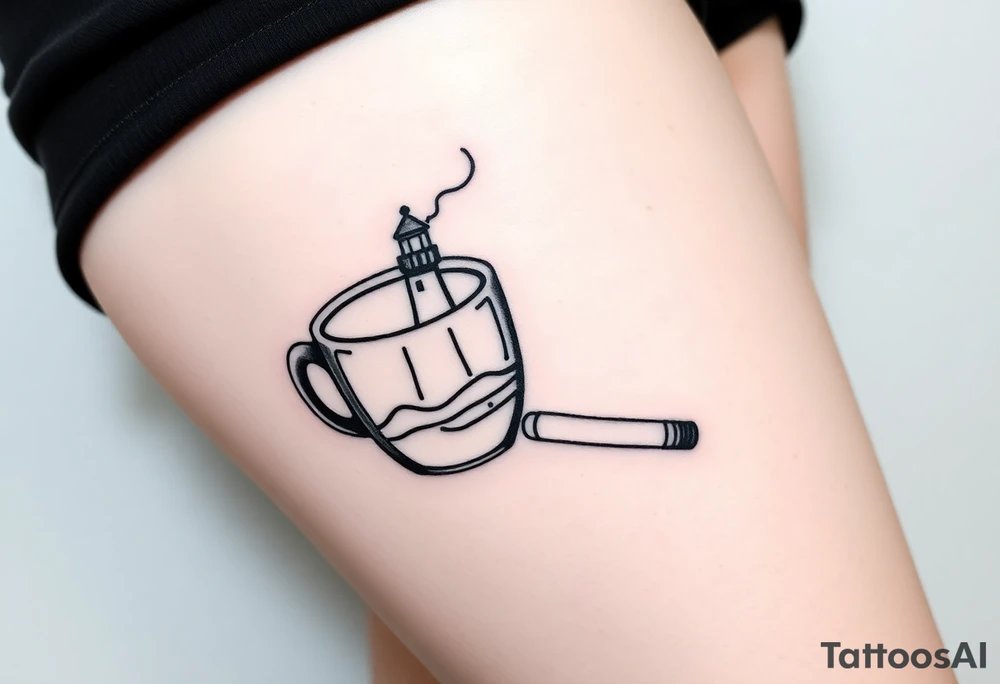 A mug of coffee
 with a picture of a 
 lighthouse on the the mug and a cigarette laying next to it tattoo idea