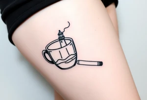 A mug of coffee
 with a picture of a 
 lighthouse on the the mug and a cigarette laying next to it tattoo idea