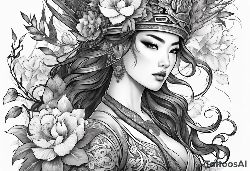 ornate beautiful woman warrior with weapon & floral surrounding tattoo from head to torso tattoo idea