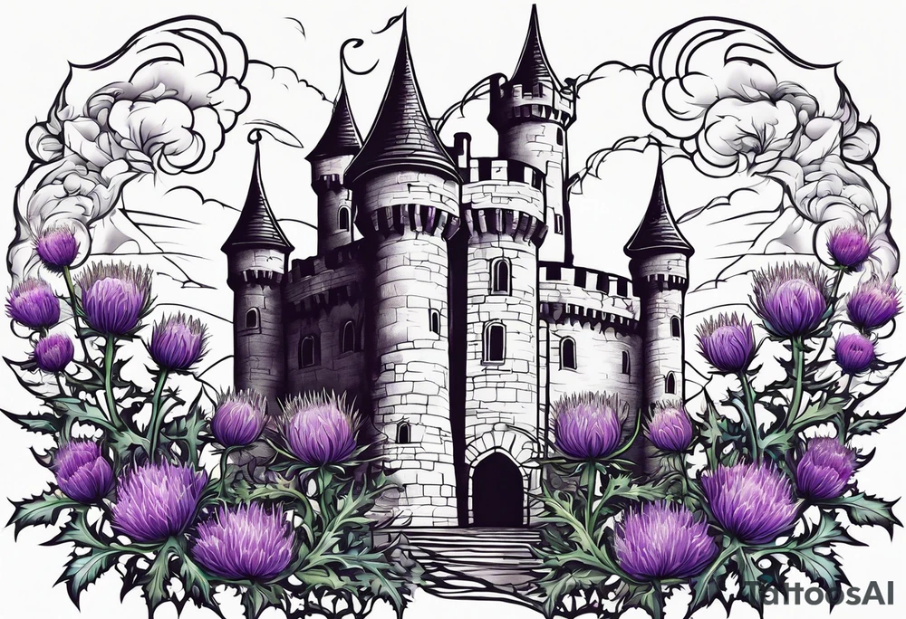Thistles growing around a castle tower tattoo idea