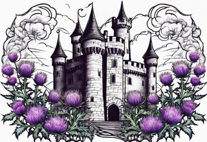 Thistles growing around a castle tower tattoo idea