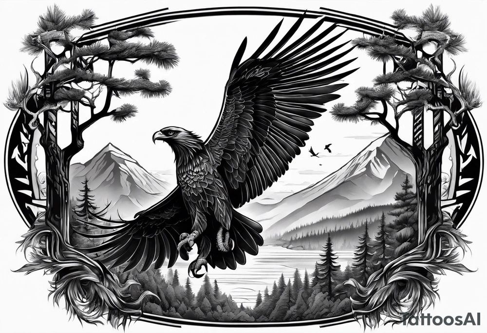 Full back tattoo ancient pine Forrest and giant black eagle tattoo idea