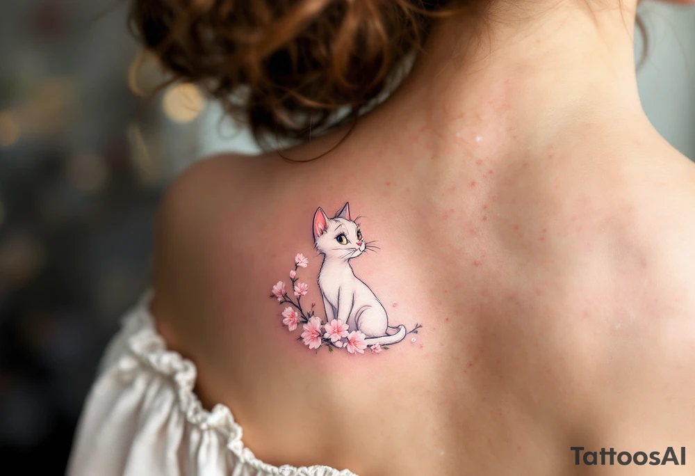 Marie the cat from The Aristocats in a delicate watercolor style, with soft pinks and whites, sitting gracefully among blooming cherry blossoms. tattoo idea