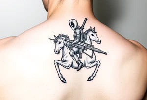 Deadpool riding unicorn holding Russian era RPG tattoo idea