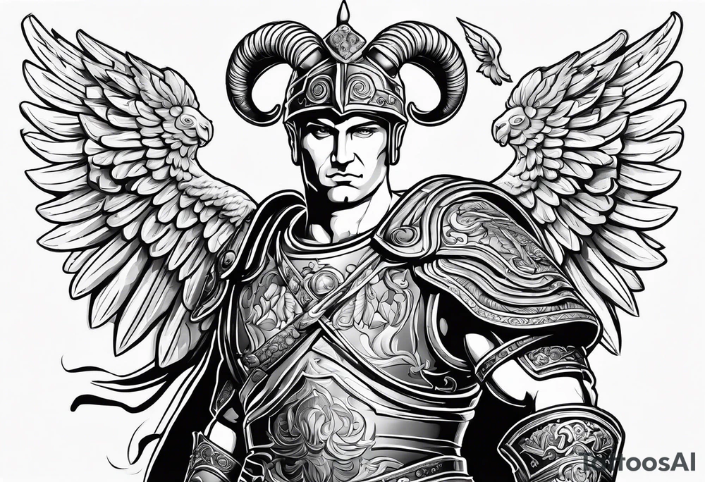 Roman soldier figure, ram's horns, guardian angel tattoo idea