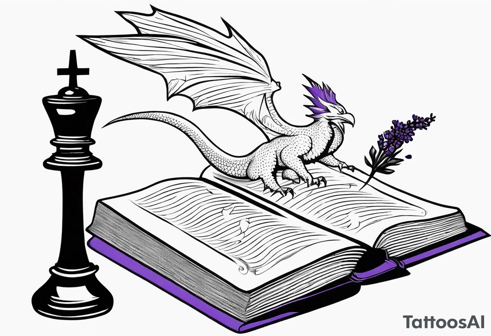 an open book with a dragon flying over, a pawn chess piece to the right, a single music note just above, a raven perched on the book corner with a sprig of lavender in its mouth tattoo idea