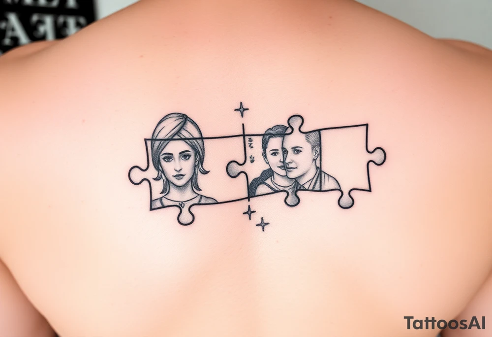 Thigh tattoo Individual Puzzle pieces of a blended family of Emily Ray Garrison Ayden Abby Gray tattoo idea