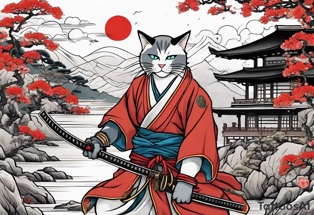 A siamese samurai cat killing a zombie tattoo idea