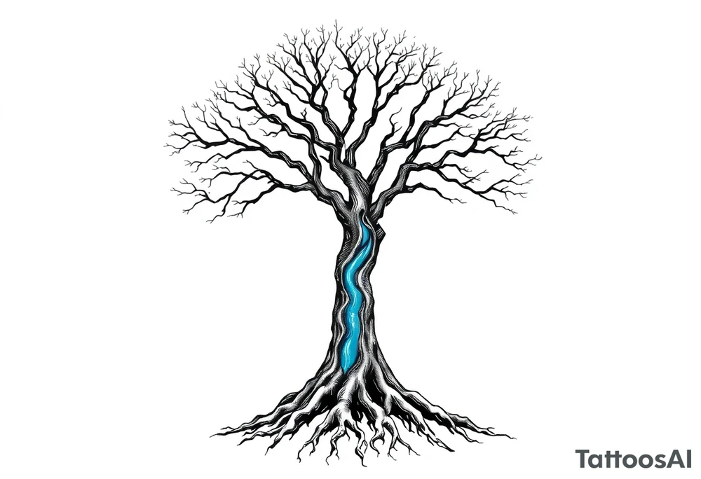 Black and white deciduos Tree with roots. Blue water inside the whole tree like many thin veins, flows from the brunches to the roots tattoo idea