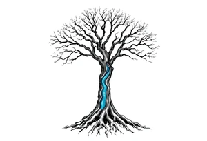 Black and white deciduos Tree with roots. Blue water inside the whole tree like many thin veins, flows from the brunches to the roots tattoo idea