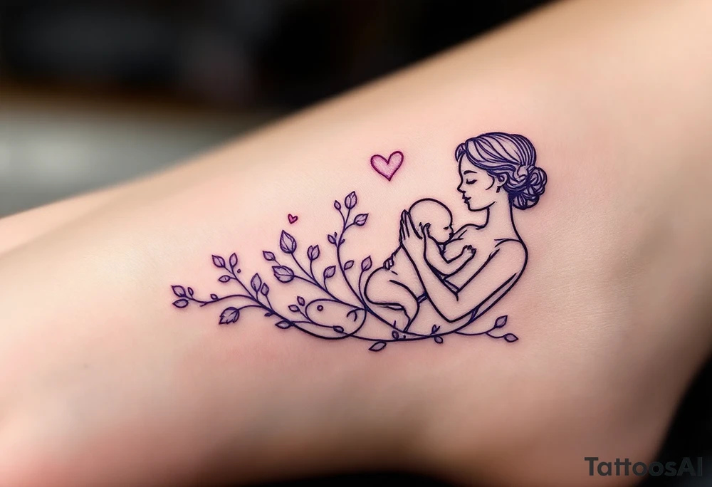 A minimalist outline of a mother breastfeeding her baby in soft lavender ink celebrates nurturing love. tattoo idea