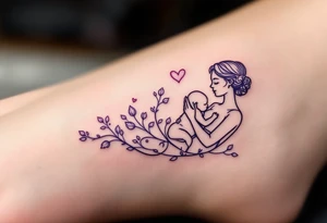 A minimalist outline of a mother breastfeeding her baby in soft lavender ink celebrates nurturing love. tattoo idea