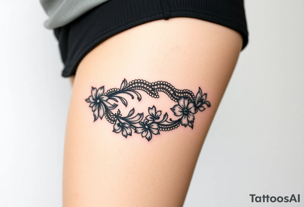 A delicate black lace band wrapped around the wrist, featuring intricate floral and filigree patterns tattoo idea