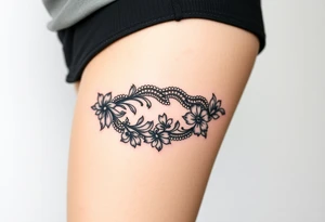 A delicate black lace band wrapped around the wrist, featuring intricate floral and filigree patterns tattoo idea