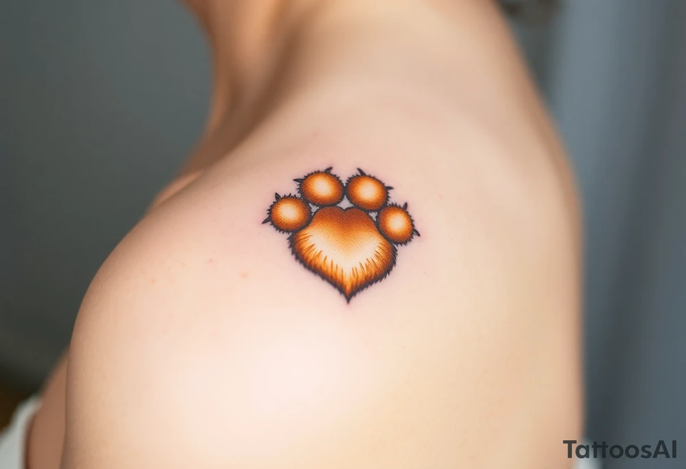 A hyper-realistic dog paw forming a heart, with fine fur details and warm shades of golden brown, caramel, and soft beige for a lifelike effect tattoo idea