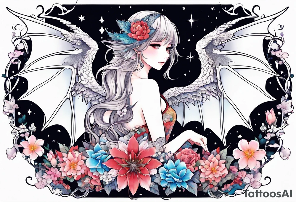 Constellation, wing , snow , cross , dragon female japan kawaii , flower tattoo idea