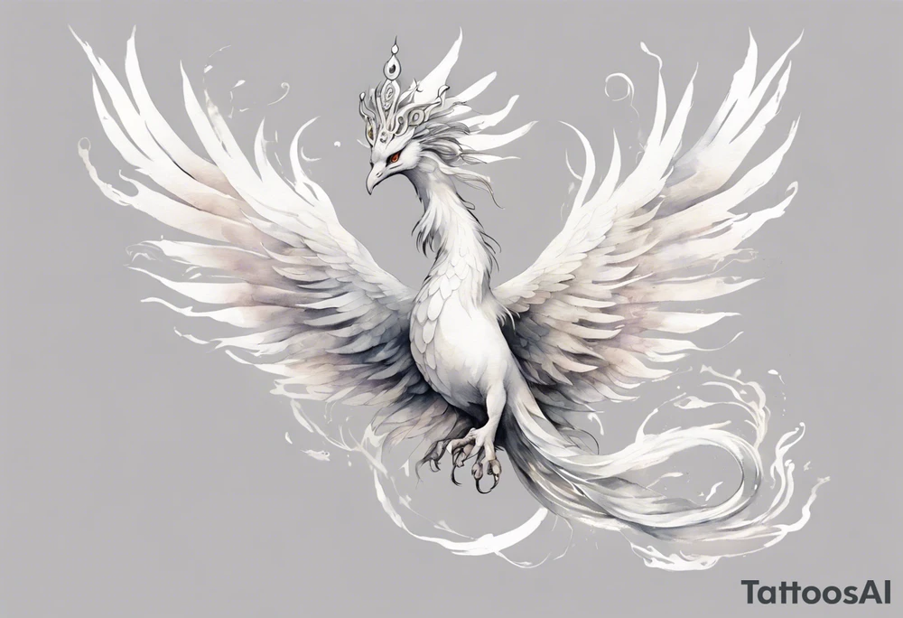 a white phoenix-serpent hybrid wearing a small crown, flying in the air tattoo idea