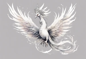 a white phoenix-serpent hybrid wearing a small crown, flying in the air tattoo idea