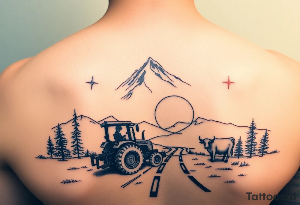 mountian, road, vantage tractor, cow, sunset tattoo idea