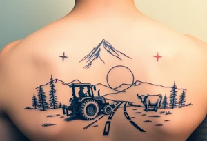 mountian, road, vantage tractor, cow, sunset tattoo idea