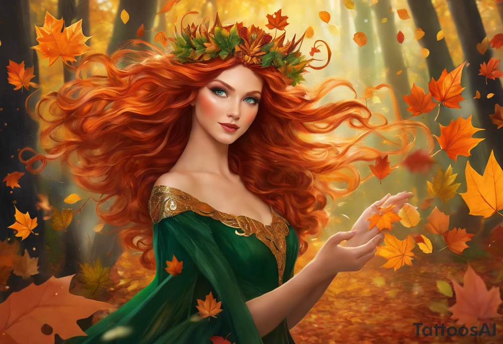 A auburn haired fairy in the middle of a forest during the peak of autumn, twirling in a whirlwind of autumn leaves. The fairy's hair is auburn with copper colors and a crown of gold, orange, and red leaves adorning her head. Her eyes are emerald green with gold flecks, ruby lips and pale skin. Her dress a coppery orange, with leaves scattered on it. The fairly is swirling in a pile of leaves with arms raised overhead, looking at the sky. tattoo idea
