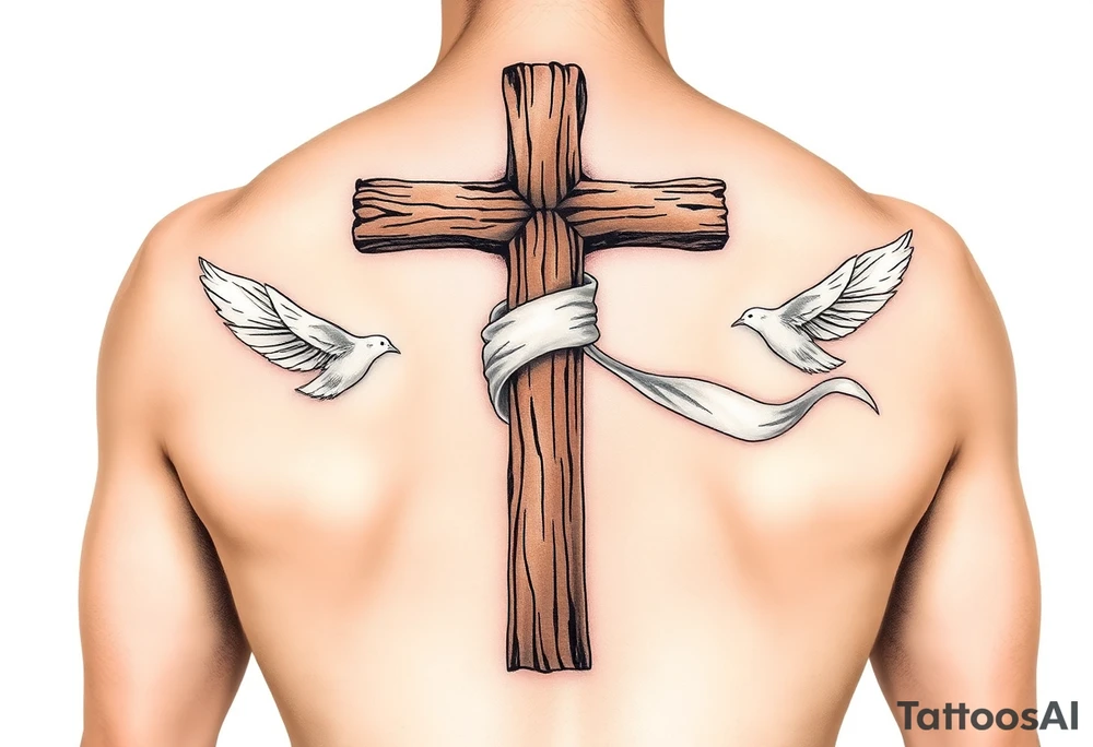 A rustic wooden cross wrapped in a flowing white ribbon, with white dove feathers scattered around. tattoo idea