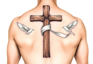 A rustic wooden cross wrapped in a flowing white ribbon, with white dove feathers scattered around. tattoo idea