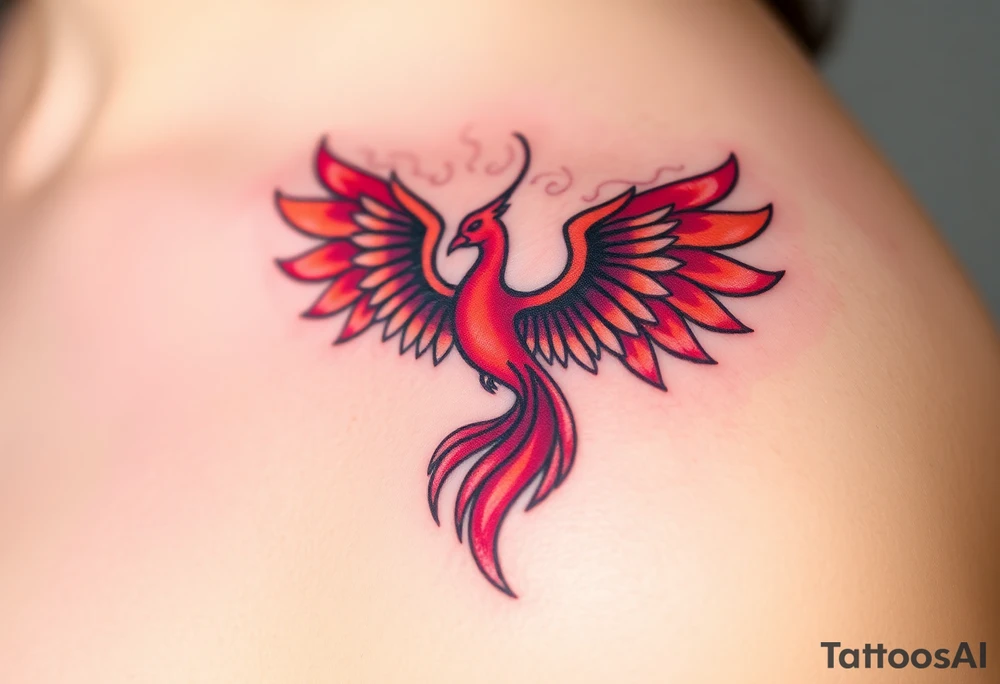 Square, phoenix rising from fire with both wings opened, colors red, pink, orange and purple. tattoo idea