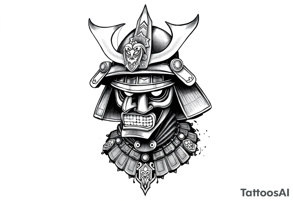 Samurai helmet tattoo design, Japanese style, black and grey ink, highly detailed, bold linework, symmetrical layout, traditional armor, ornamental patterns, forearm placement, minimal background, warrior spirit, sketch style tattoo idea