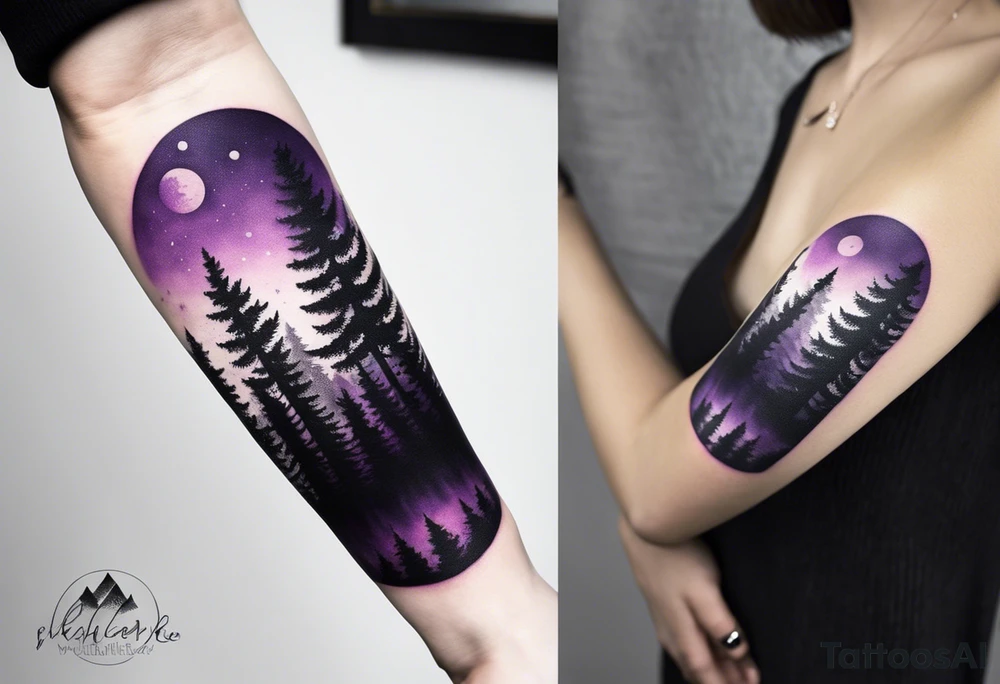 forest, purple and black, covered from wrist to forearm, fully covered, no borders, blackwork tattoo idea