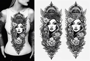 A thigh tattoo of the name Moore and also says from the past we rise to our future somehow tattoo idea