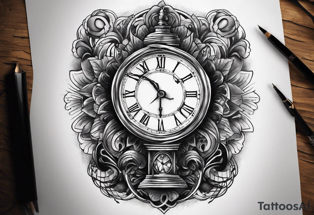 Draw me a tattoo located on the shoulder and upper arm of a man. The tattoo represents a clock in an hourglass with Roman numerals in the background. It is a symbol of the passing of time. tattoo idea