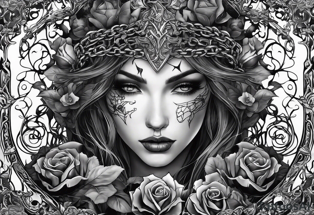 tattoo fool sleeve, tree roots break out of the chains, broken mask, girl, roses, medieval, dark castle tattoo idea