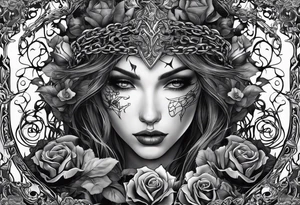 tattoo fool sleeve, tree roots break out of the chains, broken mask, girl, roses, medieval, dark castle tattoo idea