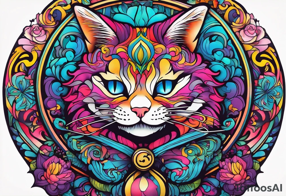 Alice in wonderland themed very colorful with Cheshire Cat psychedelic vibe tattoo idea