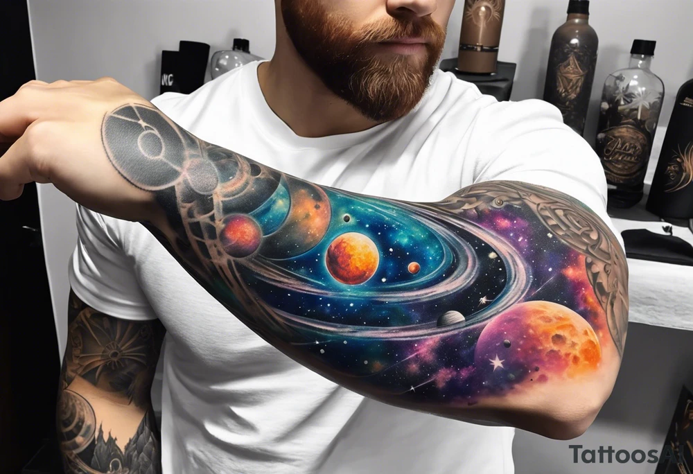 Sleeve tattoo of a galaxy orbiting. tattoo idea