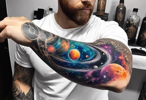 Sleeve tattoo of a galaxy orbiting. tattoo idea