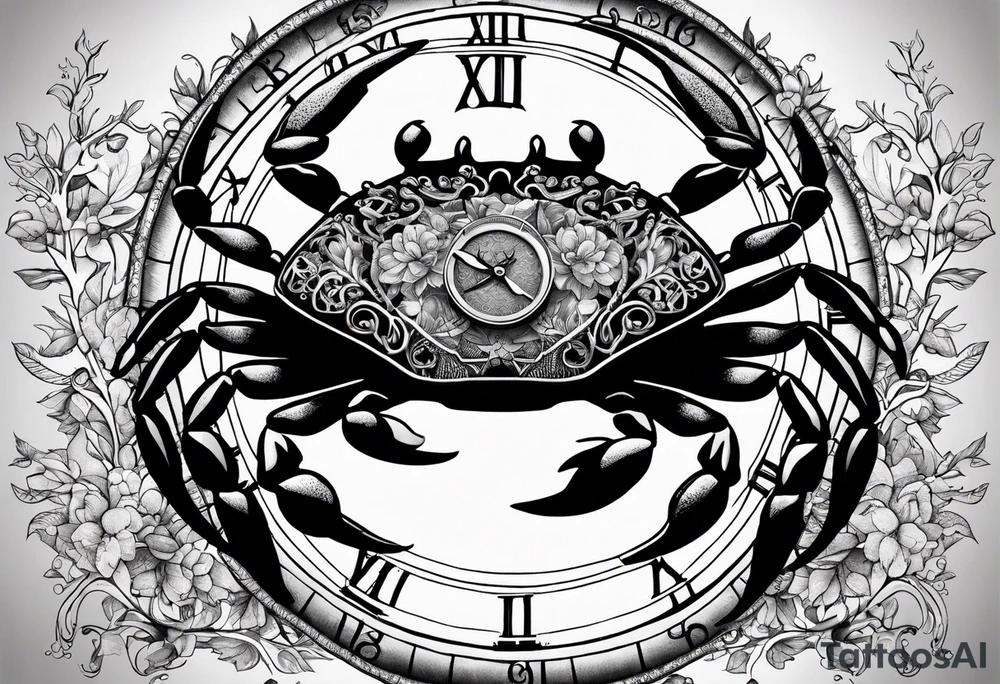 Zodiac crab with clock in front of tree of life tattoo idea
