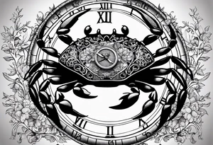 Zodiac crab with clock in front of tree of life tattoo idea