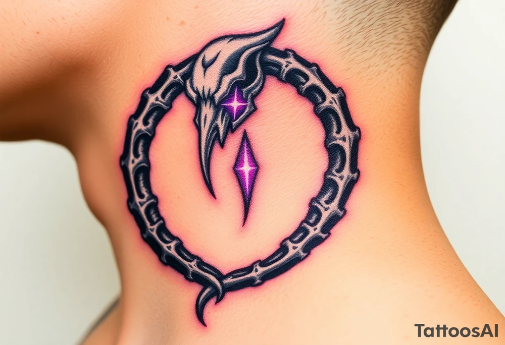 A skeletal Ouroboros with silver bones and glowing purple energy inside, representing death and rebirth. tattoo idea