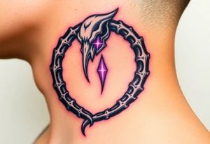 A skeletal Ouroboros with silver bones and glowing purple energy inside, representing death and rebirth. tattoo idea