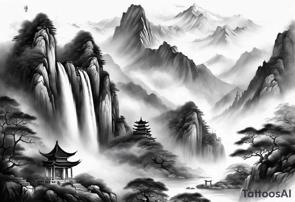 forearm sleeve traditional chinese art painting style mountains mist fog waterfall Chinese temple two figures wearing robes tattoo idea