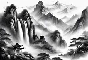 forearm sleeve traditional chinese art painting style mountains mist fog waterfall Chinese temple two figures wearing robes tattoo idea