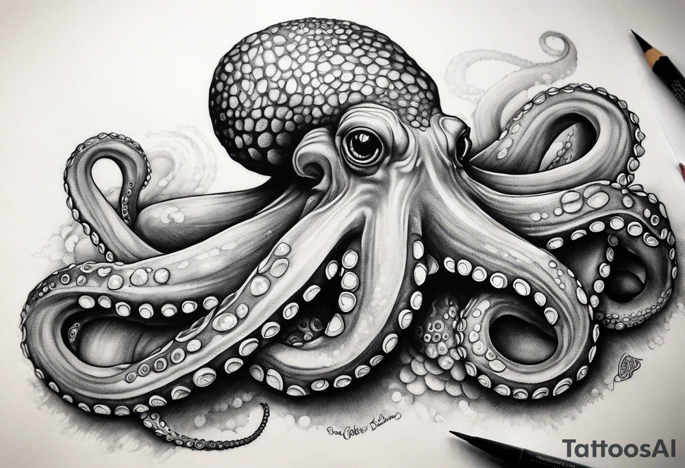 A shy but curious 8 inch tall octopus holding on to my leg for dear life while peaking around my calf tattoo idea