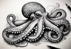 A shy but curious 8 inch tall octopus holding on to my leg for dear life while peaking around my calf tattoo idea
