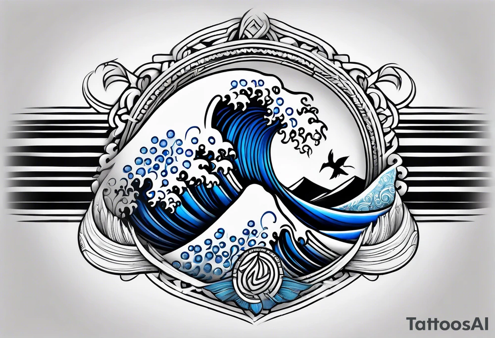 Full sleeve waves black with blue accent struggle perseverance Polynesian tattoo idea