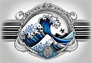 Full sleeve waves black with blue accent struggle perseverance Polynesian tattoo idea