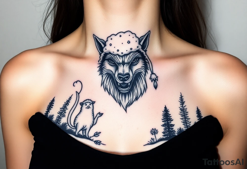 Big bad wolf nursery rhyme wearing a sheep costume with sheep head hood to kill and eat the three little pigs and little red riding hood in the woods tattoo idea