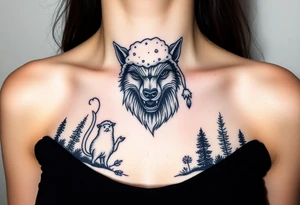 Big bad wolf nursery rhyme wearing a sheep costume with sheep head hood to kill and eat the three little pigs and little red riding hood in the woods tattoo idea