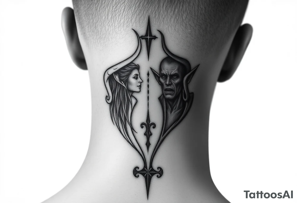 position behind the neck Angel (on the right) whispering in the right ear, demon (on the left) whispering in the left ear. It must be as realistic as possible. tattoo idea